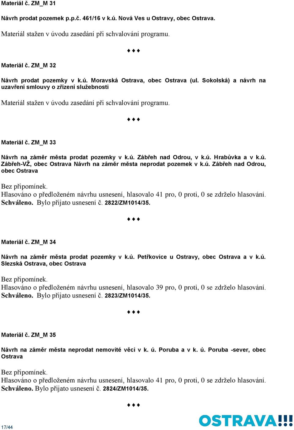 ZM_M 33 Návrh na záměr města prodat pozemky v k.ú. Zábřeh nad Odrou, v k.ú. Hrabůvka a v k.ú. Zábřeh-VŽ, obec Ostrava Návrh na záměr města neprodat pozemek v k.ú. Zábřeh nad Odrou, obec Ostrava Hlasováno o předloženém návrhu usnesení, hlasovalo 41 pro, 0 proti, 0 se zdrželo hlasování.