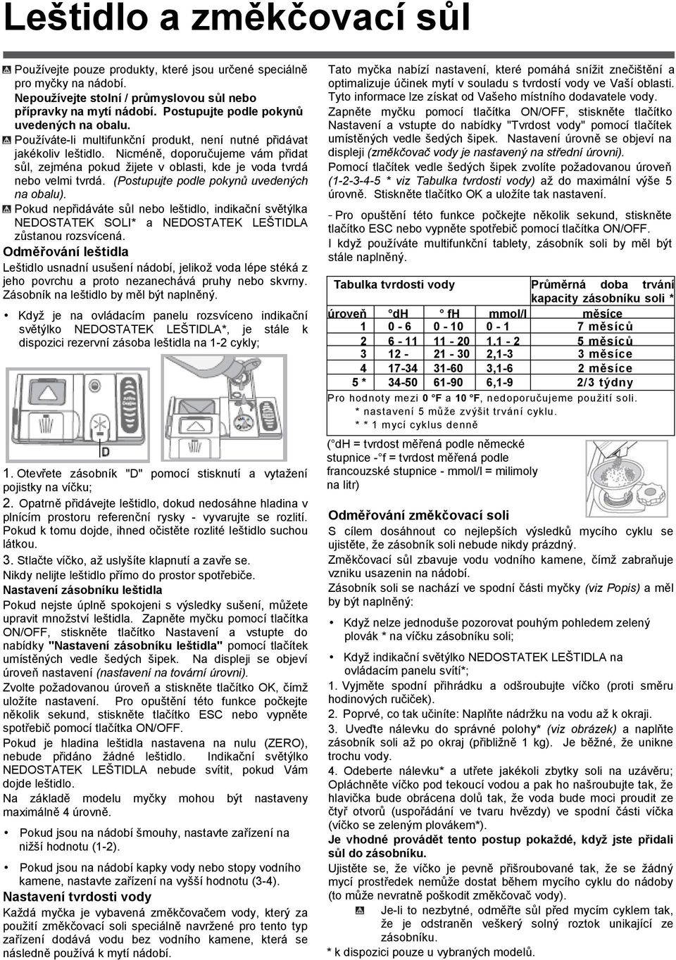 Nicméně, doporučujeme vám přidat sůl, zejména pokud žijete v oblasti, kde je voda tvrdá nebo velmi tvrdá. (Postupujte podle pokynů uvedených na obalu).