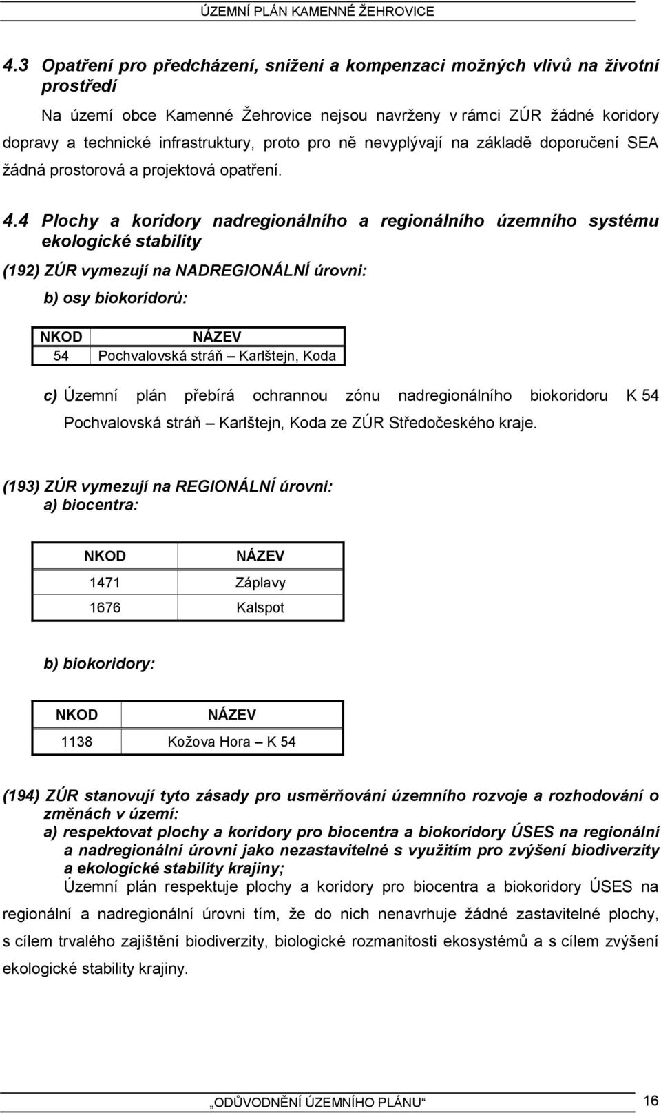 4 Plochy a koridory nadregionálního a regionálního územního systému ekologické stability (192) ZÚR vymezují na NADREGIONÁLNÍ úrovni: b) osy biokoridorů: NKOD NÁZEV 54 Pochvalovská stráň Karlštejn,