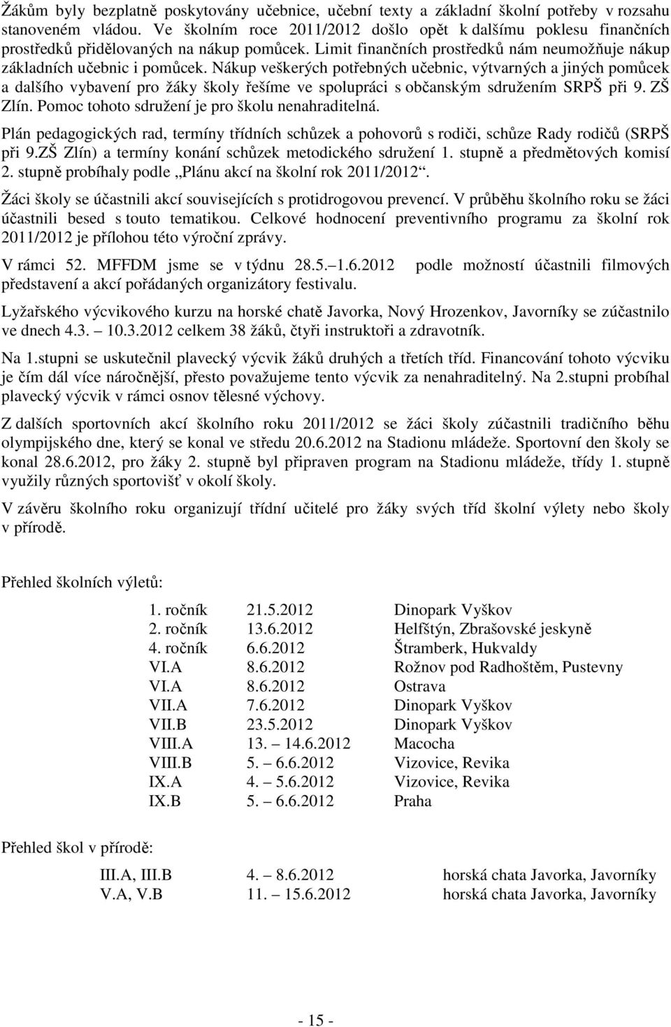 Nákup veškerých potřebných učebnic, výtvarných a jiných pomůcek a dalšího vybavení pro žáky školy řešíme ve spolupráci s občanským sdružením SRPŠ při 9. ZŠ Zlín.