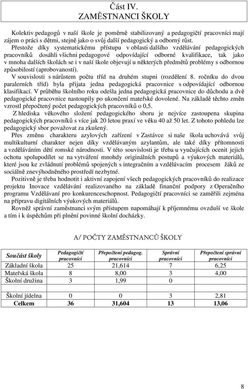 škole objevují u některých předmětů problémy s odbornou způsobilostí (aprobovaností). V souvislosti s nárůstem počtu tříd na druhém stupni (rozdělení 8.