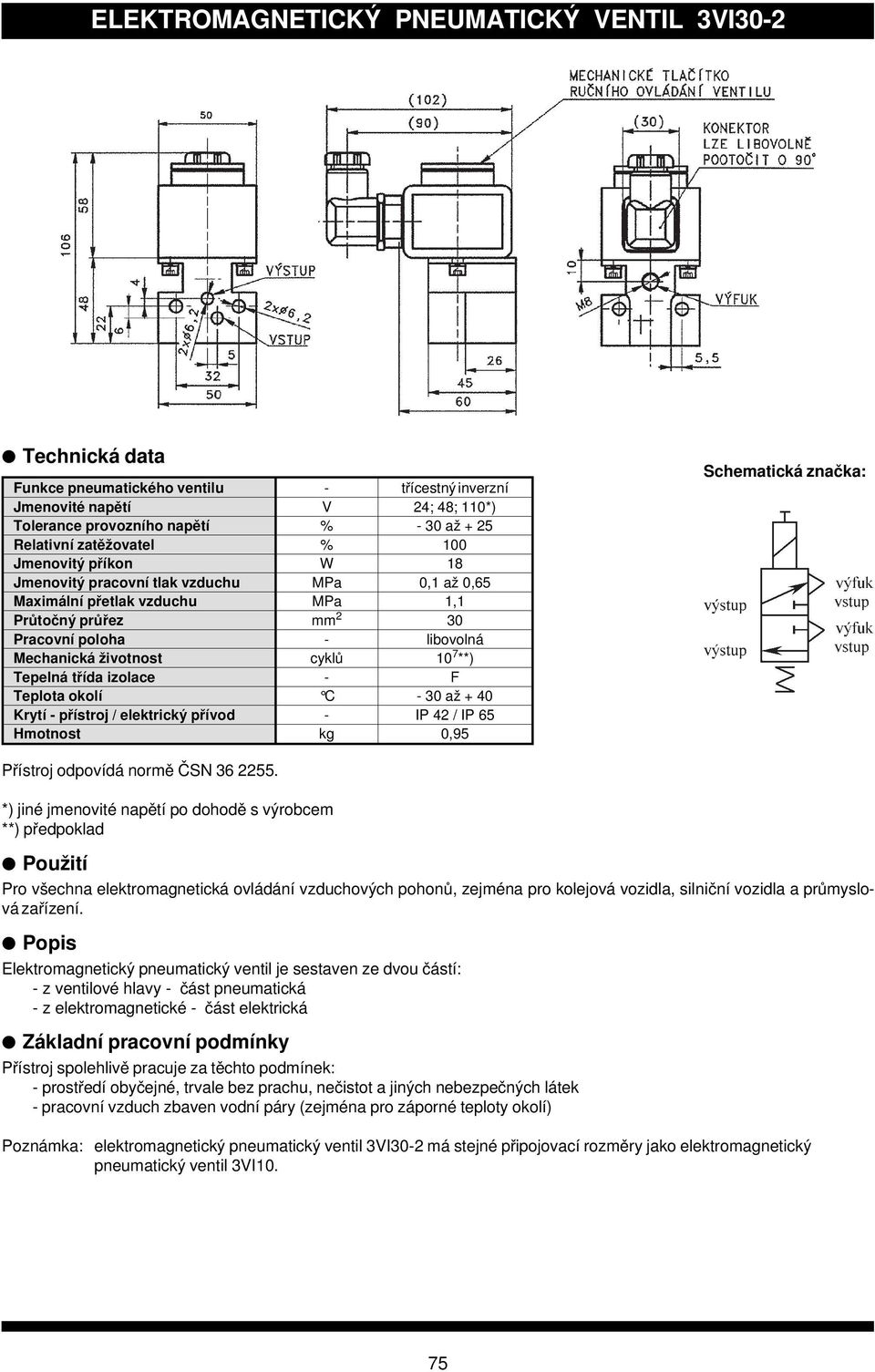 elektromagnetický pneumatický ventil 3VI30-2 m á stejn é