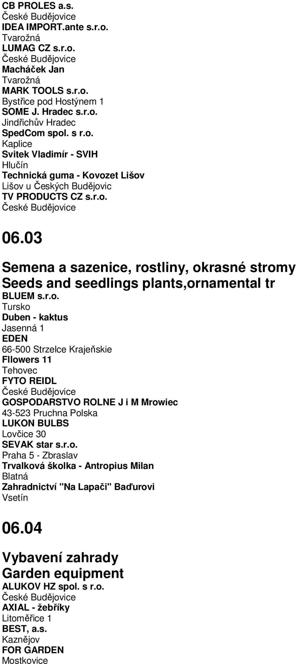 r.o. Praha 5 - Zbraslav Trvalková školka - Antropius Milan Blatná Zahradnictví "Na Lapači" Baďurovi Vsetín 06.04 Vybavení zahrady Garden equipment ALUKOV HZ spol. s r.o. AXIAL - žebříky Litoměřice 1 BEST, a.