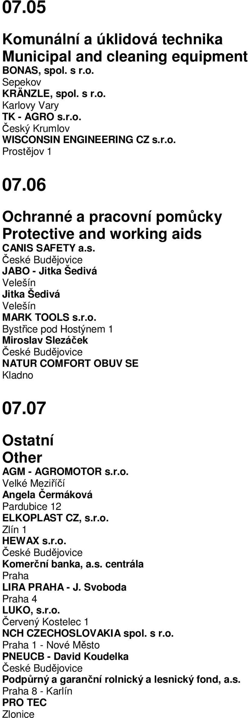 07 Ostatní Other AGM - AGROMOTOR s.r.o. Velké Meziříčí Angela Čermáková Pardubice 12 ELKOPLAST CZ, s.r.o. Zlín 1 HEWAX s.r.o. Komerční banka, a.s. centrála Praha LIRA PRAHA - J. Svoboda LUKO, s.r.o. Červený Kostelec 1 NCH CZECHOSLOVAKIA spol.