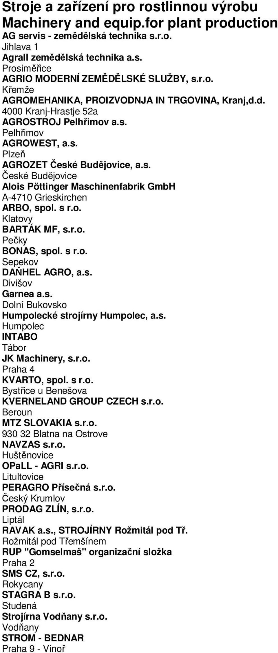 s r.o. Klatovy BARTÁK MF, s.r.o. Pečky BONAS, spol. s r.o. Sepekov DAŇHEL AGRO, a.s. Divišov Garnea a.s. Dolní Bukovsko Humpolecké strojírny Humpolec, a.s. Humpolec INTABO Tábor JK Machinery, s.r.o. KVARTO, spol.