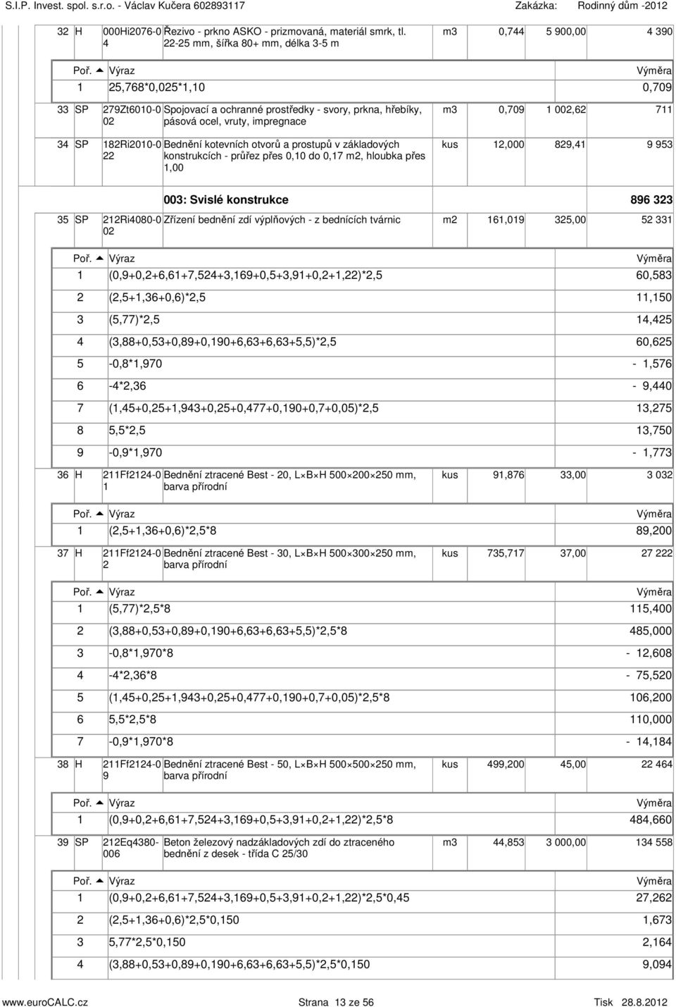 v základových konstrukcích průřez přes 0,0 do 0,7, hloubka přes,00,000 89, 9 9 00: Svislé konstrukce 89 Ri0800 Zřízení bednění zdí výplňových z bednících tvárnic 0,09,00 (0,9+0,+,+7,+,9+0,+,9+0,+,)*,