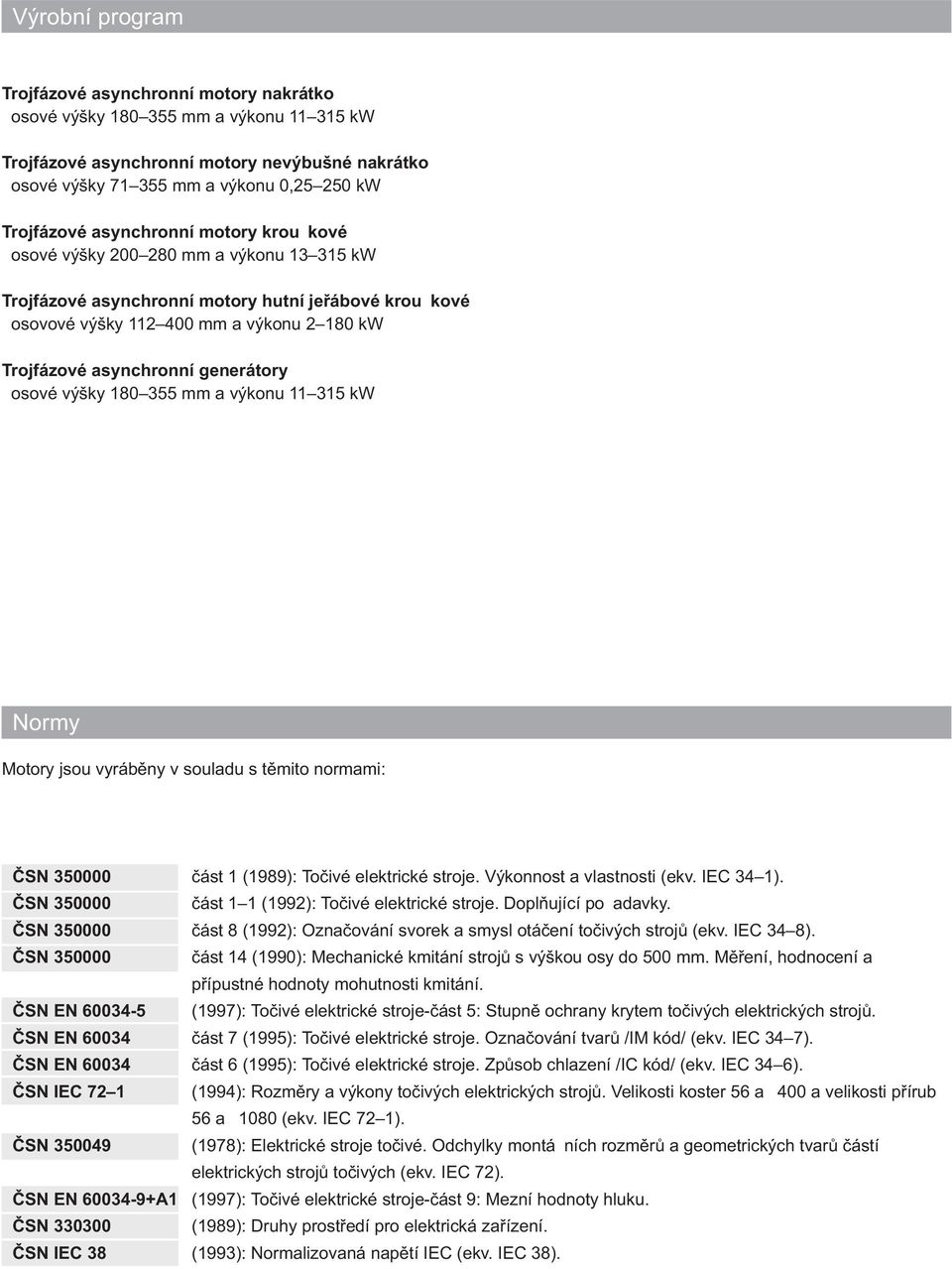 osové výšky 180355 mm a výkonu 11315 kw Normy Motory jsou vyrábìny v souladu s tìmito normami: ÈSN 350000 ÈSN 350000 ÈSN 350000 ÈSN 350000 ÈSN EN 60034-5 ÈSN EN 60034 ÈSN EN 60034 ÈSN IEC 721 ÈSN