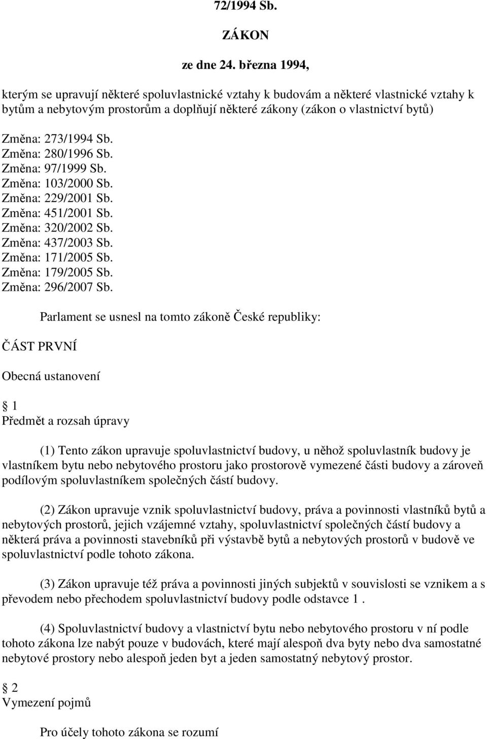 Sb. Změna: 280/1996 Sb. Změna: 97/1999 Sb. Změna: 103/2000 Sb. Změna: 229/2001 Sb. Změna: 451/2001 Sb. Změna: 320/2002 Sb. Změna: 437/2003 Sb. Změna: 171/2005 Sb. Změna: 179/2005 Sb.