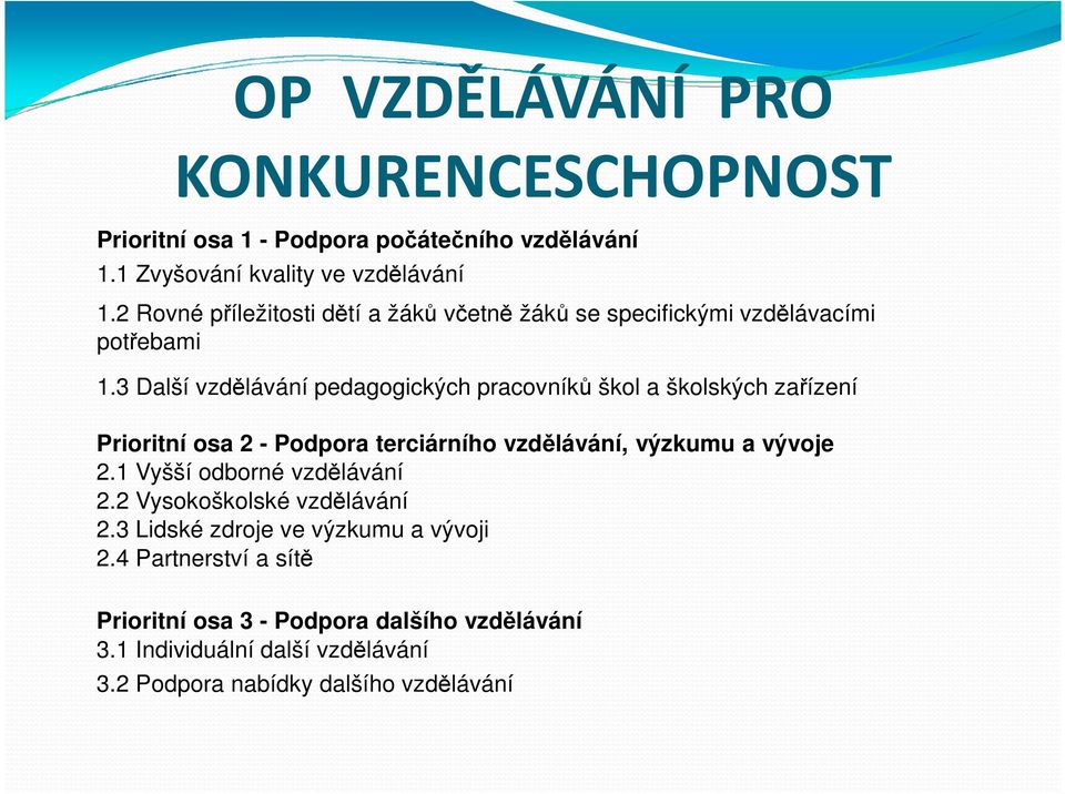 3 Další vzdělávání pedagogických pracovníků škol a školských zařízení Prioritní osa 2 - Podpora terciárního vzdělávání, výzkumu a vývoje 2.