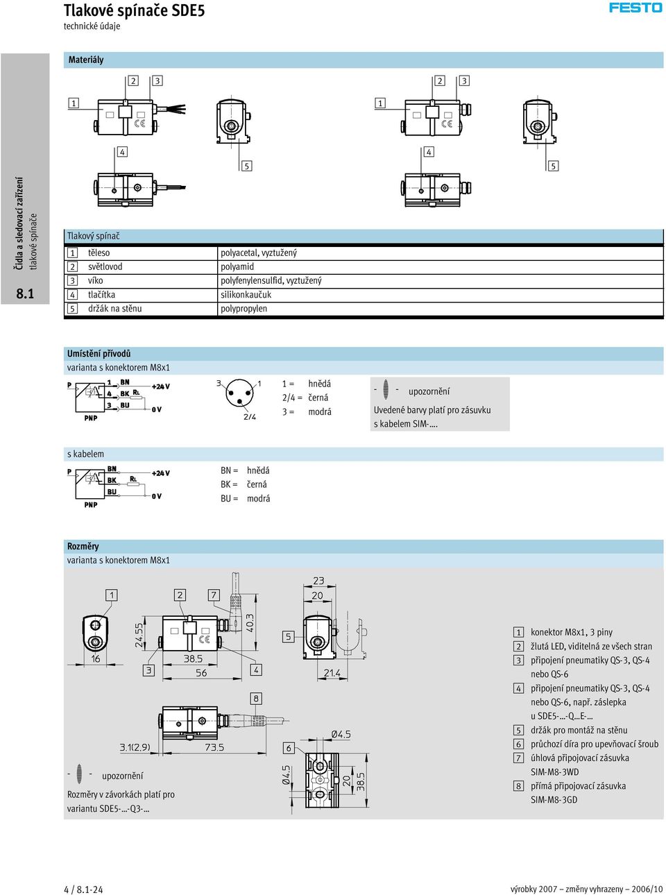 s kabelem BN = BK = BU = hnědá černá modrá Rozměry varianta s konektorem M8x1 -H- uozornění Rozměry v závorkách latí ro variantu SDE5- -Q3-1 konektor M8x1, 3 iny 2 žlutá LED, viditelná ze všech stran