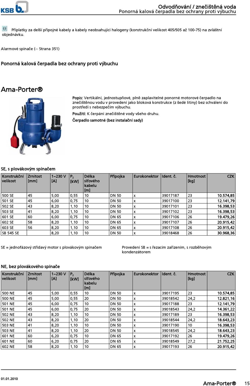 Alarmové spínače ( Strana 351) Ponorná kalová čerpadla bez ochrany proti výbuchu Ama-Porter Popis: Vertikální, jednostupňové, plně zaplavitelné ponorné motorové čerpadlo na znečištěnou vodu v