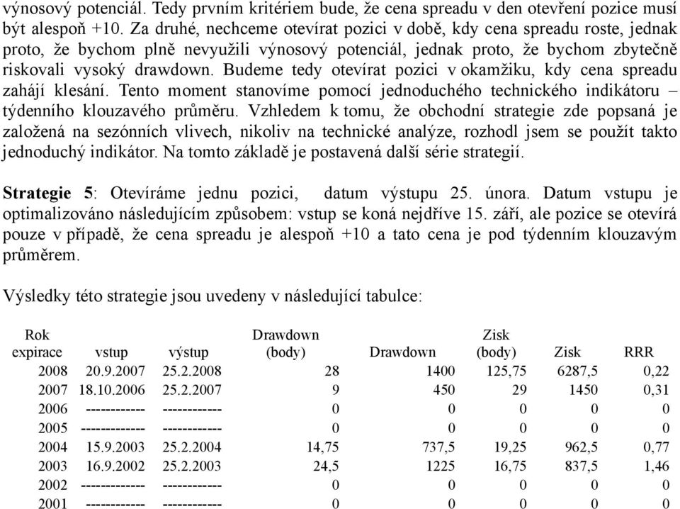 Budeme tedy otevírat pozici v okamžiku, kdy cena spreadu zahájí klesání. Tento moment stanovíme pomocí jednoduchého technického indikátoru týdenního klouzavého průměru.