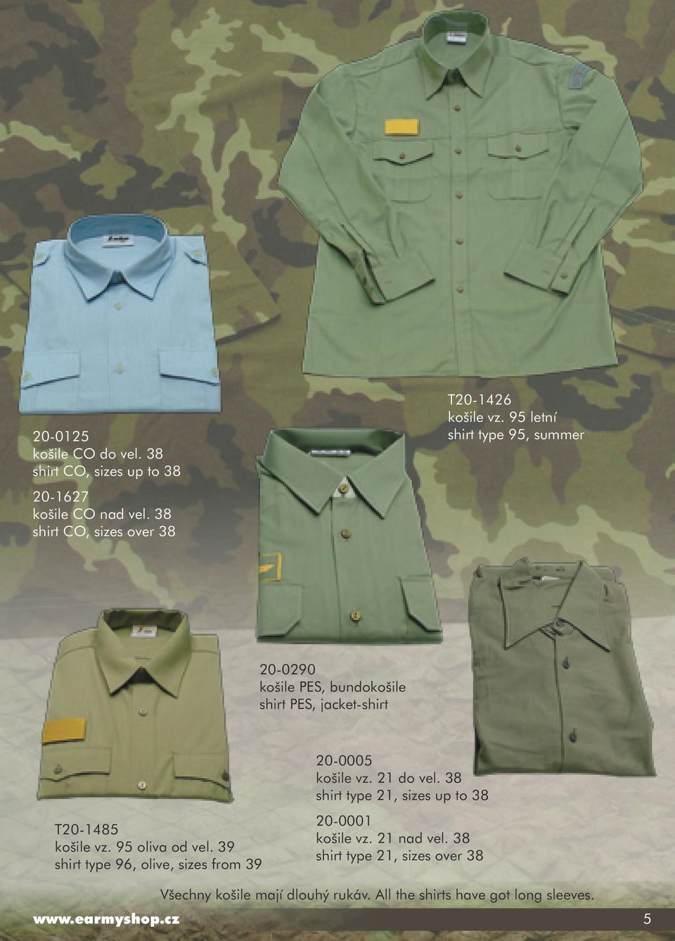 39 shirt type 96, olive, sizes from 39 20-0005 košile vz. 21 do vel. 38 shirt type 21, sizes up to 38 20-0001 košile vz.