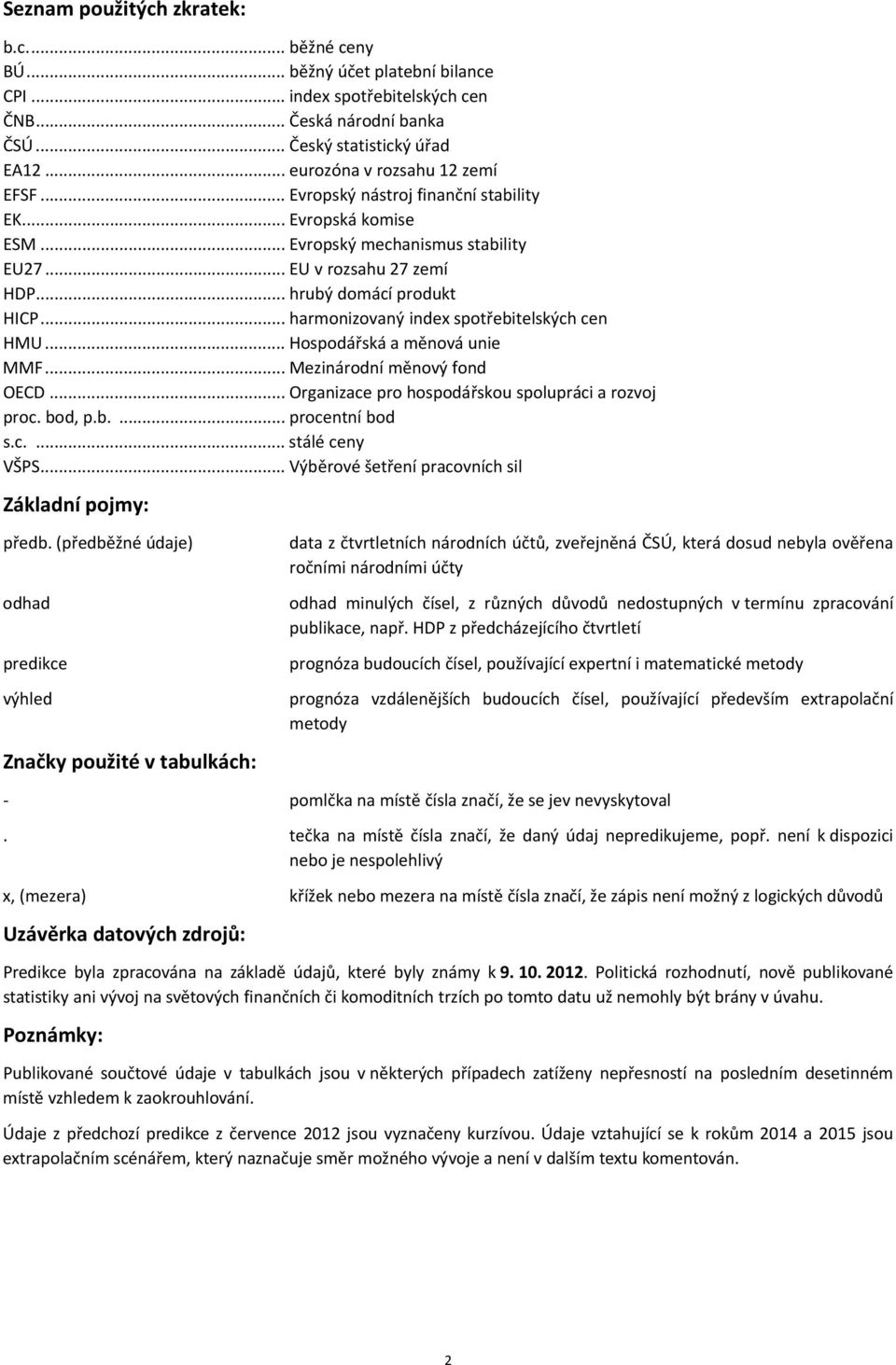 .. harmonizovaný index spotřebitelských cen HMU... Hospodářská a měnová unie MMF... Mezinárodní měnový fond OECD... Organizace pro hospodářskou spolupráci a rozvoj proc. bod, p.b.... procentní bod s.