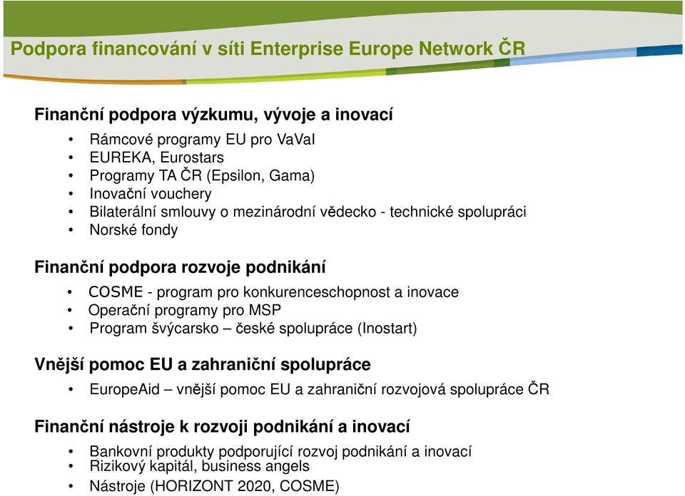 konkurenceschopnost a inovace Operační programy pro MSP Program švýcarsko české spolupráce (Inostart) Vnější pomoc EU a zahraniční spolupráce EuropeAid vnější pomoc EU a