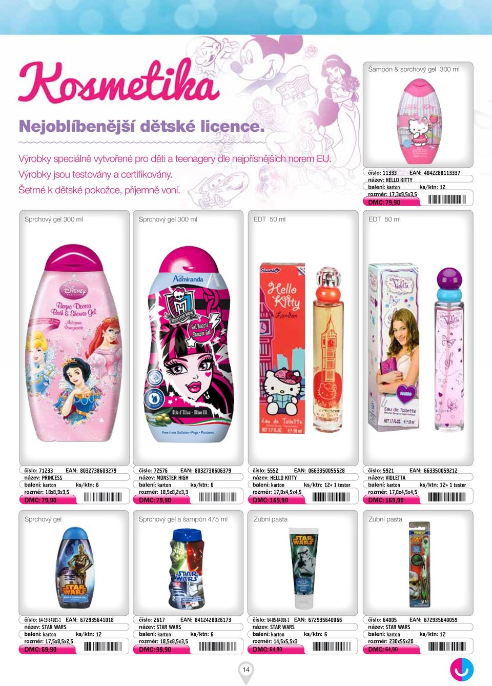 číslo: 11333 EAN: 4042288113337 název: HELLO KITTY balení: karton ks/ktn: 12 rozměr: 17,3x9,5x3,5 DMC: 79,90 Sprchový gel 300 ml Sprchový gel 300 ml EDT 50 ml EDT 50 ml číslo: 71233 EAN: