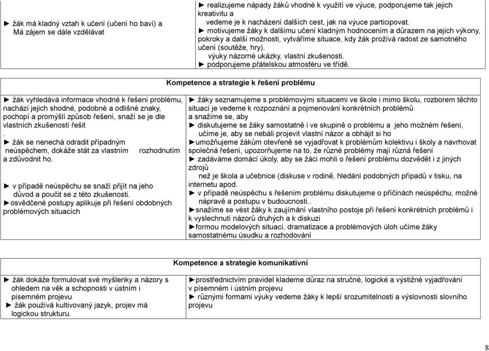 motivujeme žáky k dalšímu učení kladným hodnocením a důrazem na jejich výkony, pokroky a další možnosti, vytváříme situace, kdy žák prožívá radost ze samotného učení (soutěže, hry).