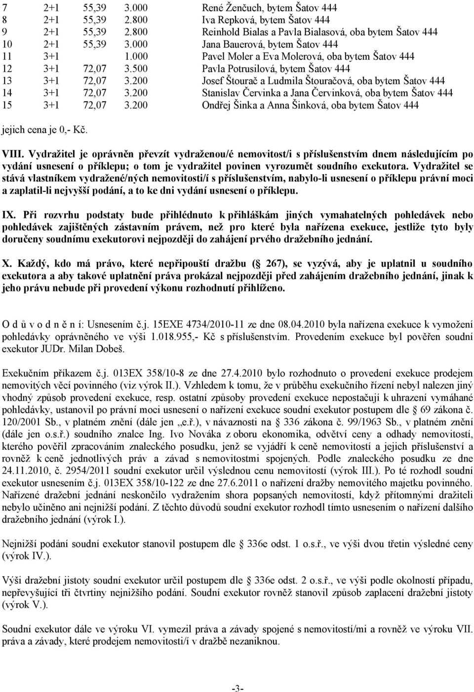 200 Josef Štourač a Ludmila Štouračová, oba bytem Šatov 444 14 3+1 72,07 3.200 Stanislav Červinka a Jana Červinková, oba bytem Šatov 444 15 3+1 72,07 3.