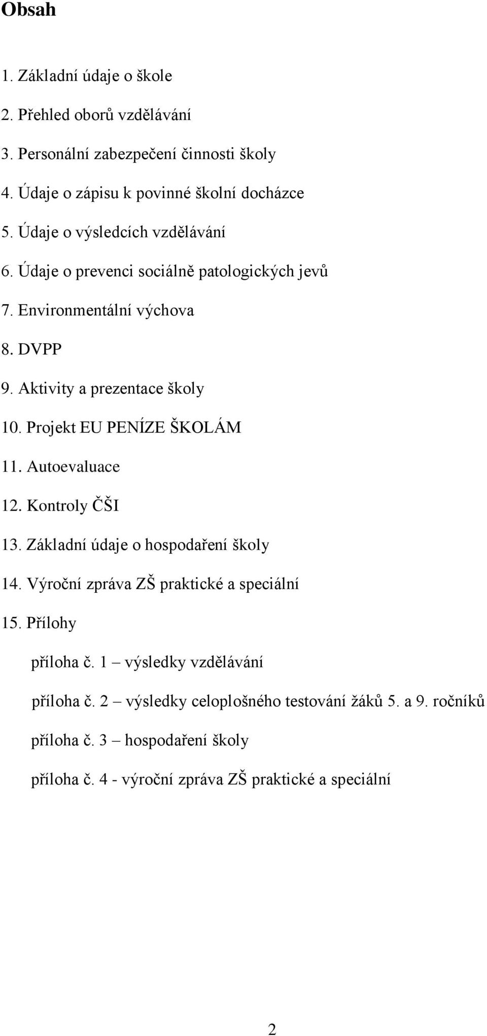 Projekt EU PENÍZE ŠKOLÁM 11. Autoevaluace 12. Kontroly ČŠI 13. Základní údaje o hospodaření školy 14. Výroční zpráva ZŠ praktické a speciální 15.