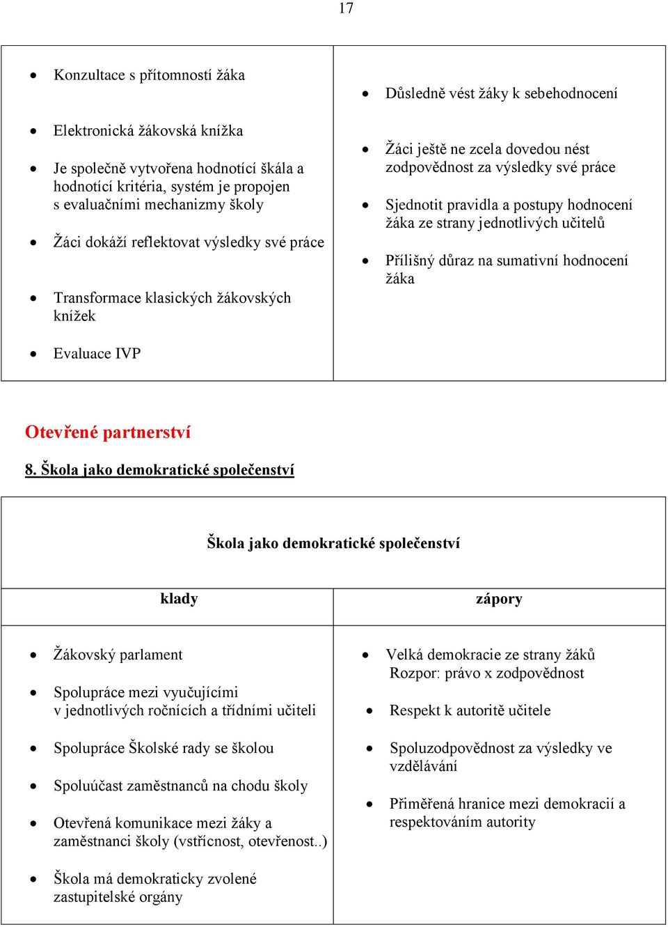 hodnocení žáka ze strany jednotlivých učitelů Přílišný důraz na sumativní hodnocení žáka Evaluace IVP Otevřené partnerství 8.