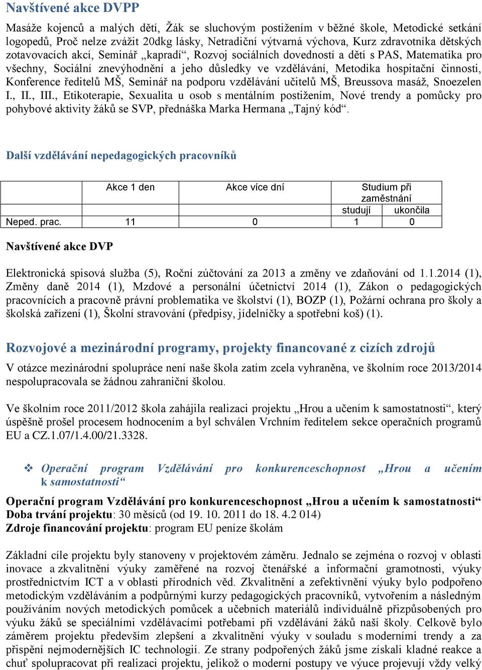 Konference ředitelů MŠ, Seminář na podporu vzdělávání učitelů MŠ, Breussova masáž, Snoezelen I., II., III.