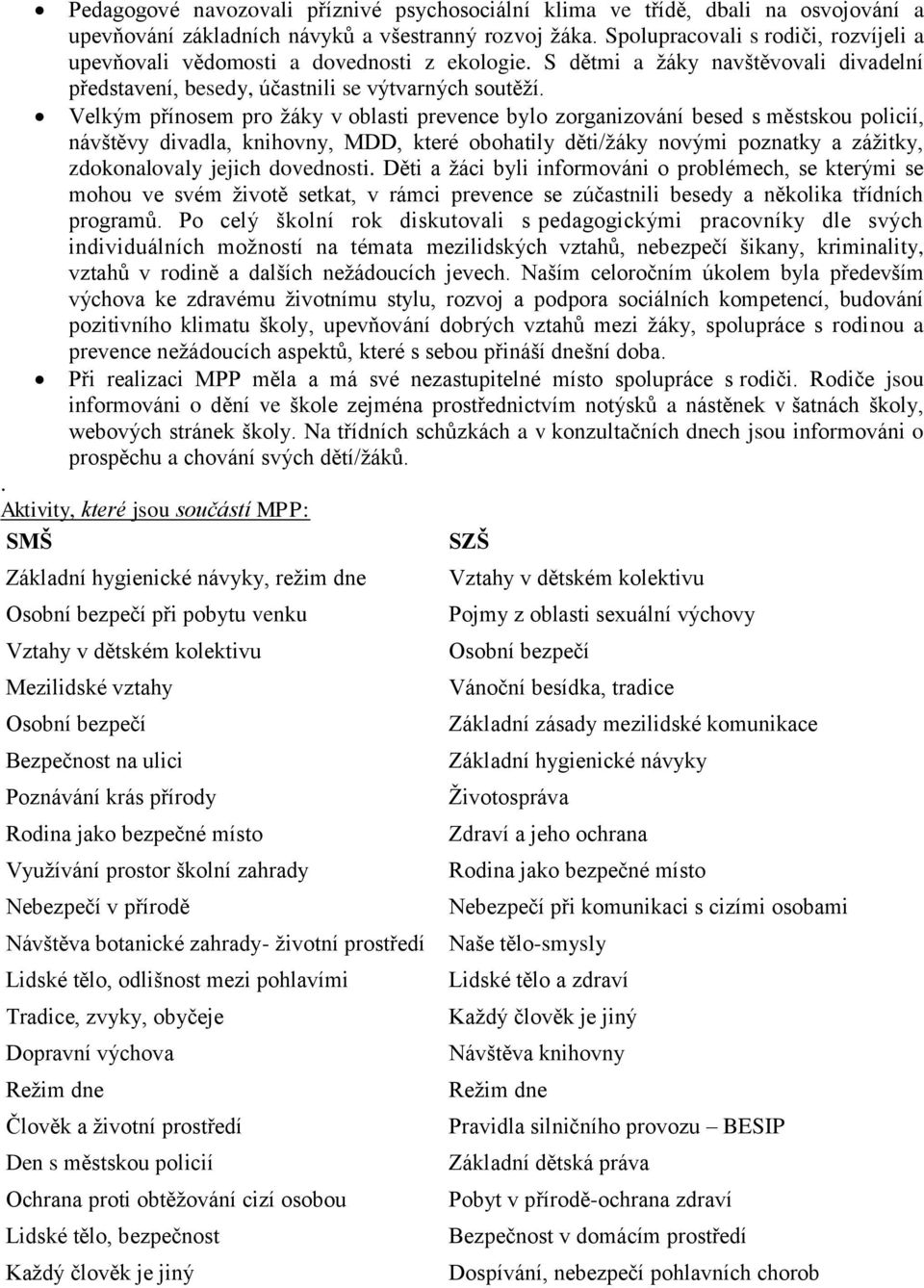 Velkým přínosem pro žáky v oblasti prevence bylo zorganizování besed s městskou policií, návštěvy divadla, knihovny, MDD, které obohatily děti/žáky novými poznatky a zážitky, zdokonalovaly jejich