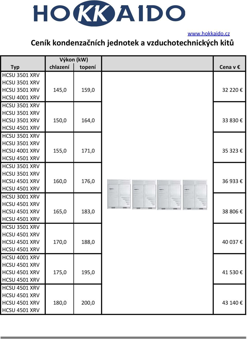 chlazení topení Cena v 145,0 159,0 32 220 HCSU 4001 XRV 150,0 164,0 33 830