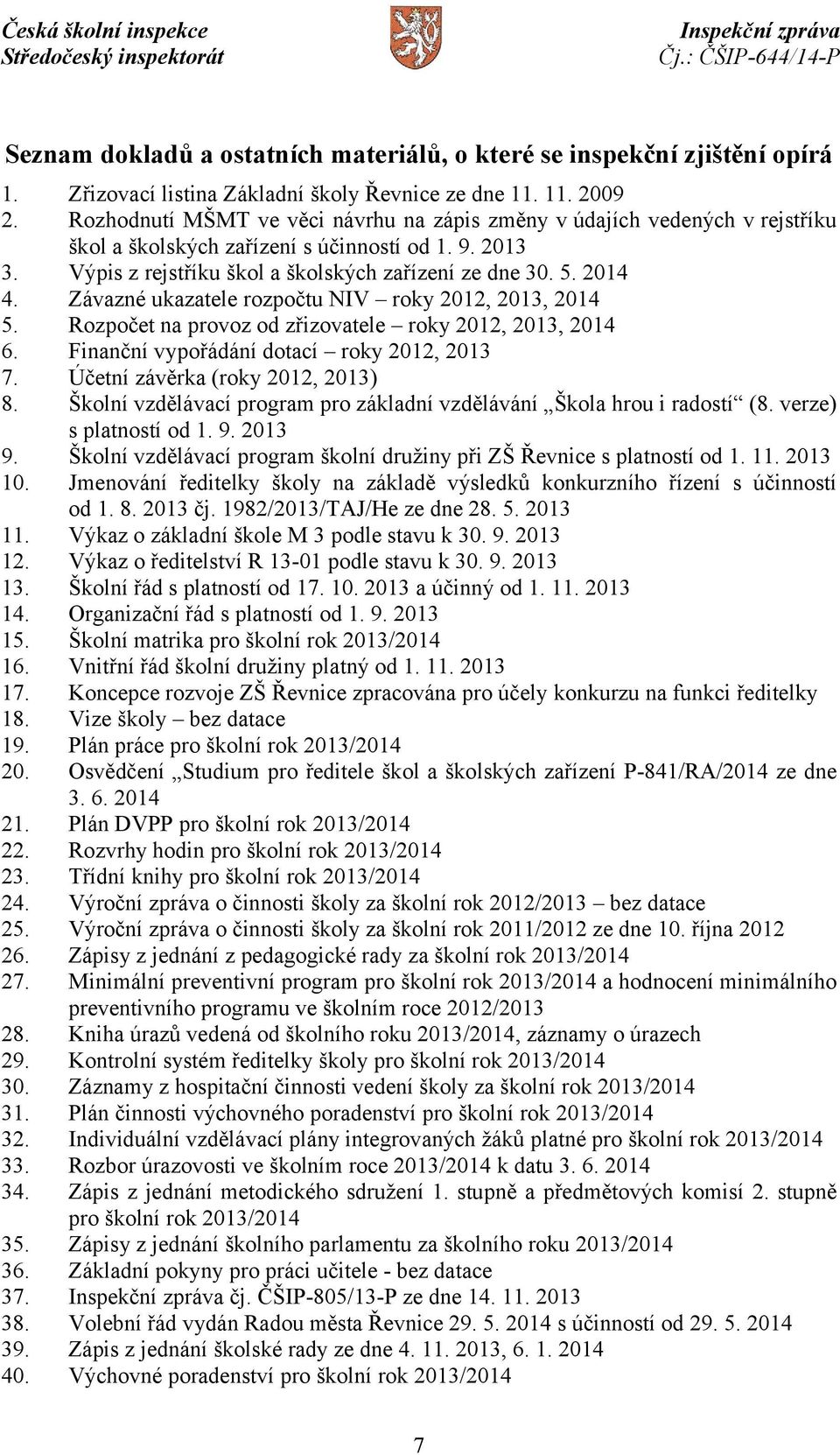 Závazné ukazatele rozpočtu NIV roky 2012, 2013, 2014 5. Rozpočet na provoz od zřizovatele roky 2012, 2013, 2014 6. Finanční vypořádání dotací roky 2012, 2013 7. Účetní závěrka (roky 2012, 2013) 8.