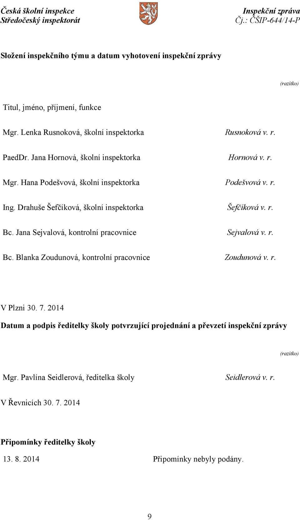 Jana Sejvalová, kontrolní pracovnice Sejvalová v. r. Bc. Blanka Zoudunová, kontrolní pracovnice Zoudunová v. r. V Plzni 30. 7.