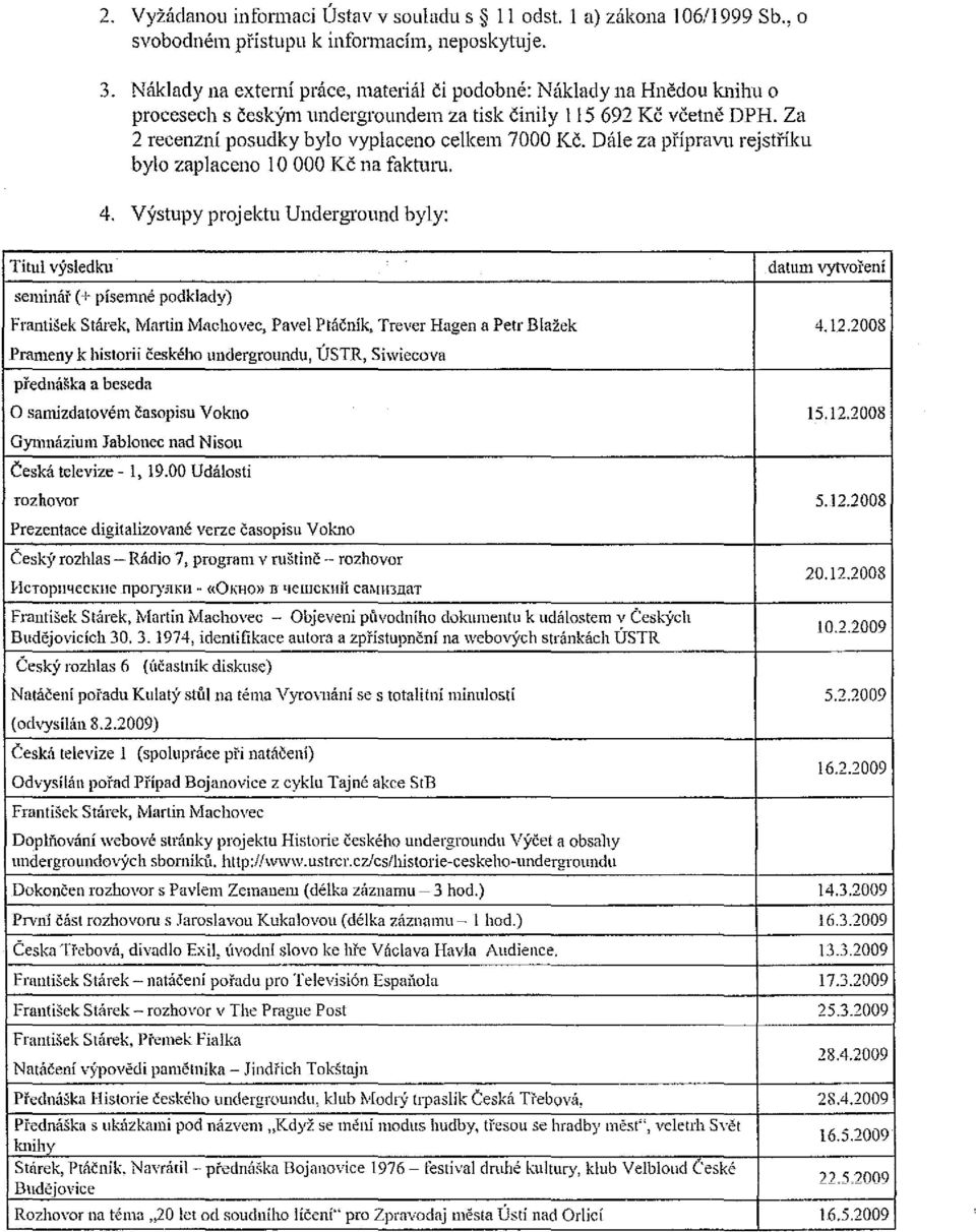 Dále za přípravu rejstříku bylo zaplaceno 10 000 Kč na fakturu. 4. výstupy projektu Underground byly: Titul výsledku.