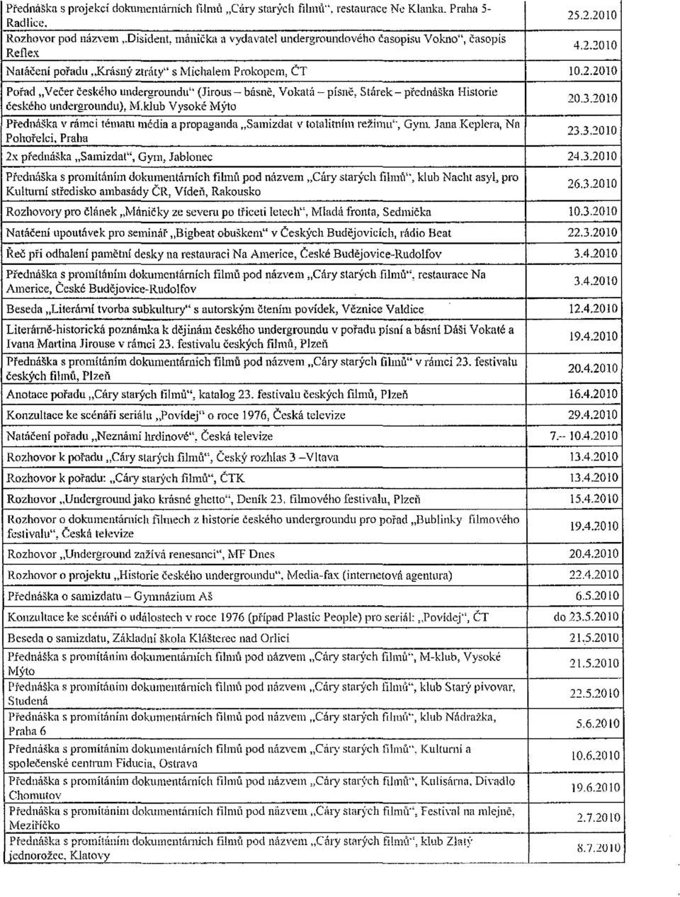 .2.2010 4.2.2010 Natáěení pořadu "Krásný ztráty" s Michalem Prokopem, CT 10.2.2010 Pořad "Večer českého undergroundu" (Jirous - básně, Vokatá - písně, Stárek- přednáška Historie českého