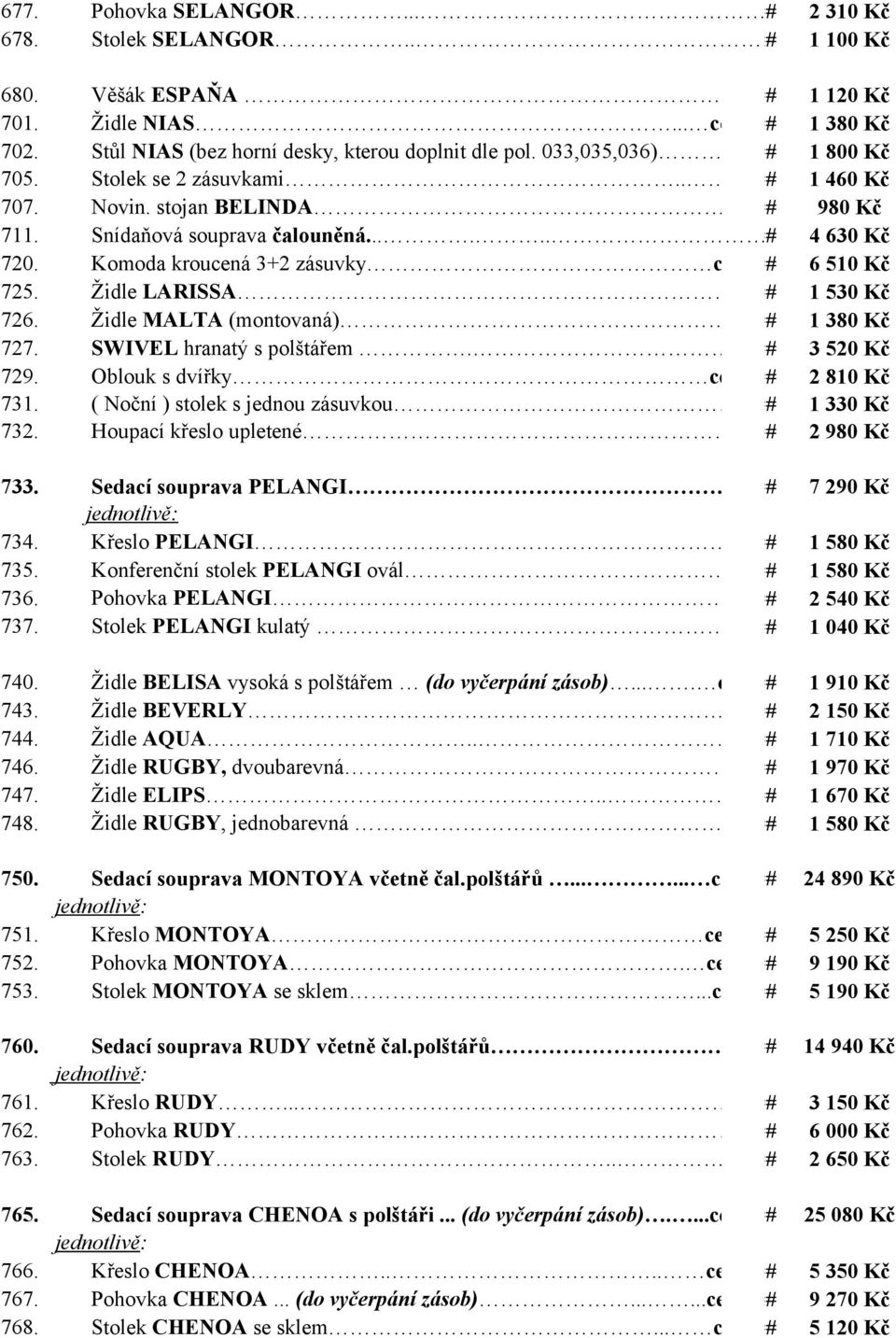 ..... ### 4 630 Kč 720. Komoda kroucená 3+2 zásuvky cena ### po snížení 6 510 Kč 725. Židle LARISSA..... ### 1 530 Kč 726. Židle MALTA (montovaná). ### 1 380 Kč 727. SWIVEL hranatý s polštářem.