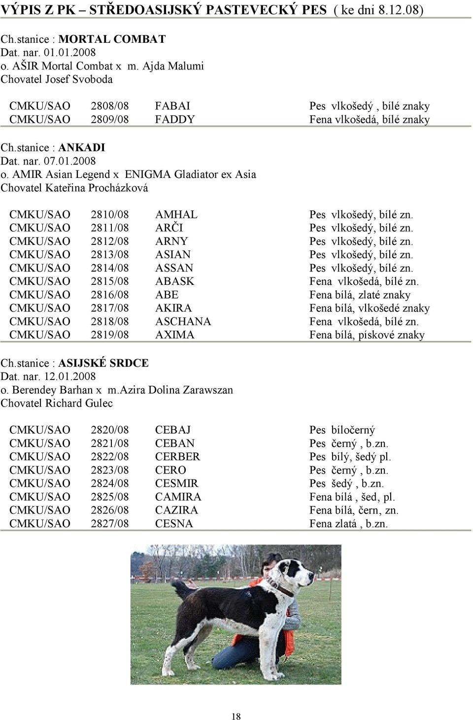 AMIR Asian Legend x ENIGMA Gladiator ex Asia Chovatel Kateřina Procházková CMKU/SAO 2810/08 AMHAL Pes vlkošedý, bílé zn. CMKU/SAO 2811/08 ARČI Pes vlkošedý, bílé zn.