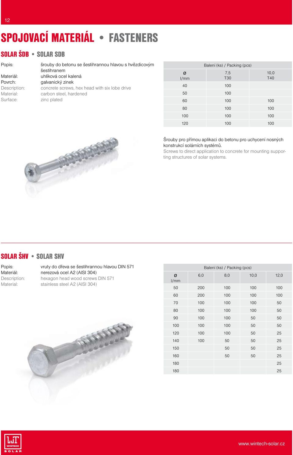 uchycení nosných konstrukcí solárních systémů. Screws to direct application to concrete for mounting supporting structures of solar systems.