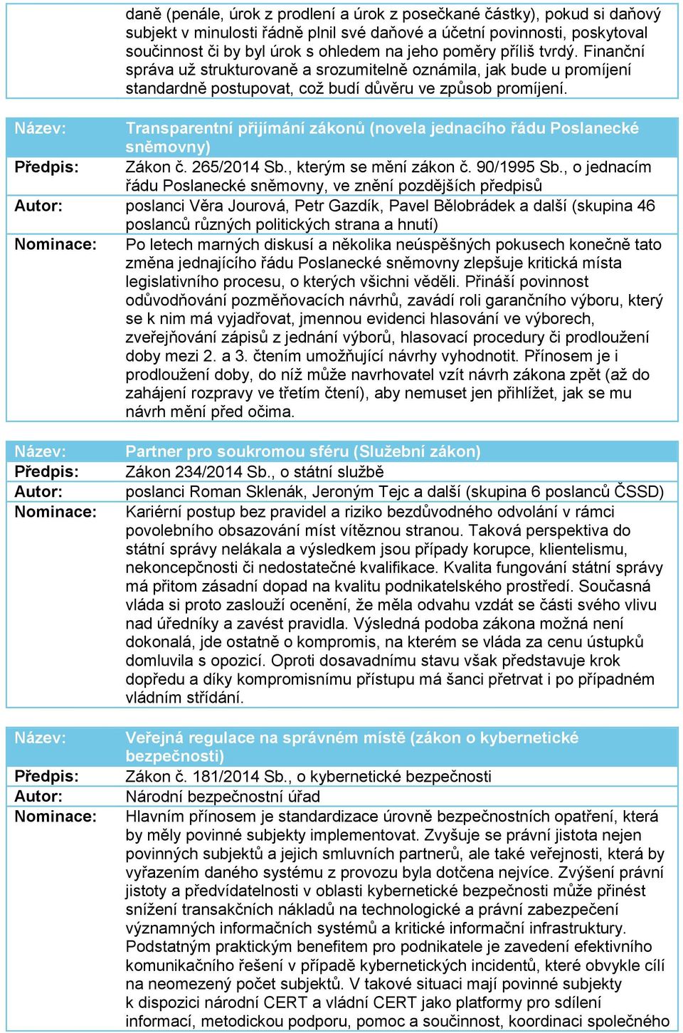 Transparentní přijímání zákonů (novela jednacího řádu Poslanecké sněmovny) Zákon č. 265/2014 Sb., kterým se mění zákon č. 90/1995 Sb.