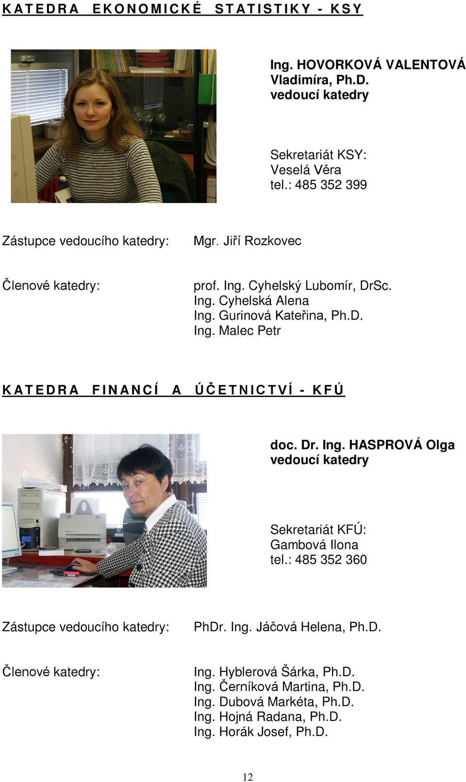 Dr. Ing. HASPROVÁ Olga vedoucí katedry Sekretariát KFÚ: Gambová Ilona tel.: 485 352 360 Zástupce vedoucího katedry: PhDr. Ing. Jáčová Helena, Ph.D. Členové katedry: Ing.