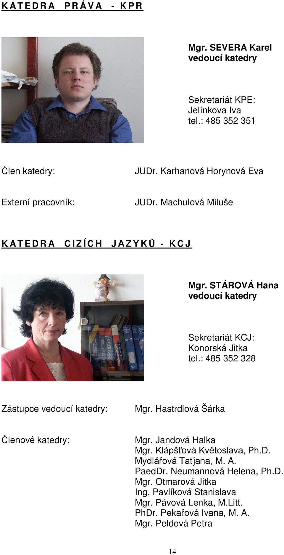 STÁROVÁ Hana vedoucí katedry Sekretariát KCJ: Konorská Jitka tel.: 485 352 328 Zástupce vedoucí katedry: Mgr. Hastrdlová Šárka Členové katedry: Mgr.