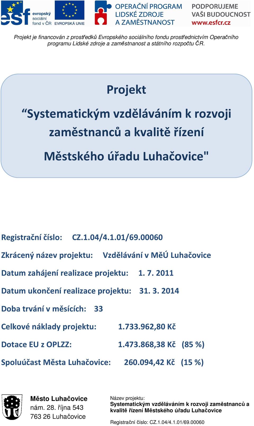00060 Zkrácený název projektu: Vzdělávání v MěÚ Luhačovice Datum zahájení realizace projektu: 1. 7.