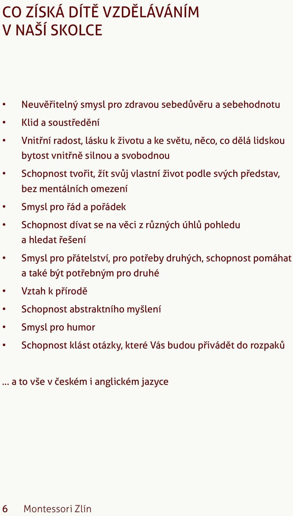 Schopnost dívat se na věci z různých úhlů pohledu a hledat řešení Smysl pro přátelství, pro potřeby druhých, schopnost pomáhat a také být potřebným pro druhé Vztah