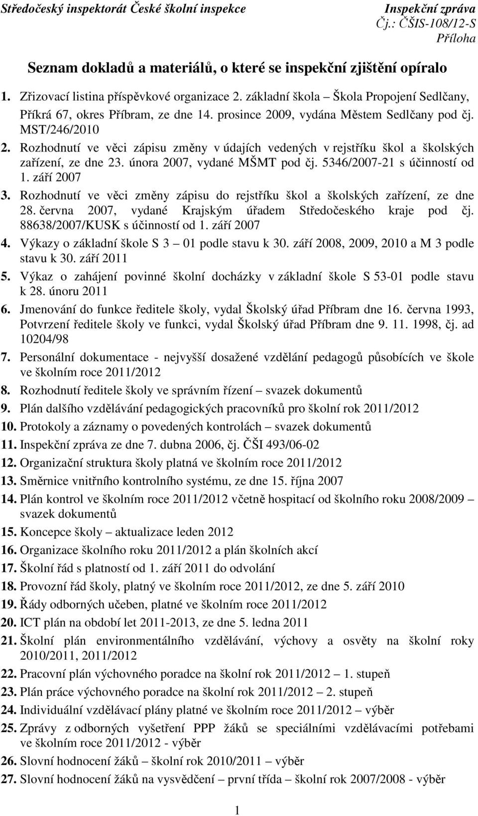 5346/2007-21 s účinností od 1. září 2007 3. Rozhodnutí ve věci změny zápisu do rejstříku škol a školských zařízení, ze dne 28. června 2007, vydané Krajským úřadem Středočeského kraje pod čj.