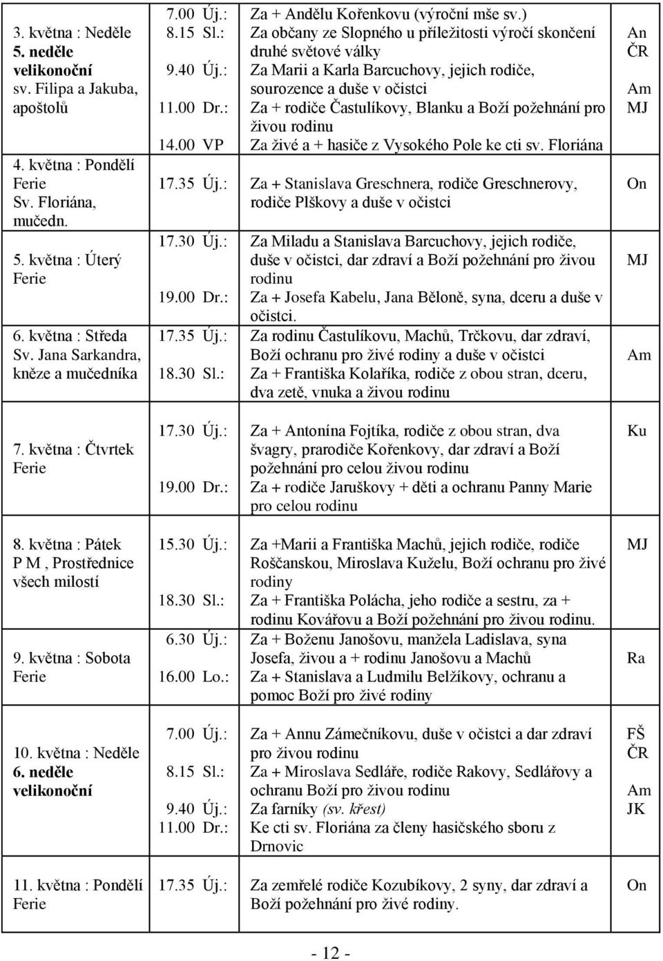 ) Za občany ze Slopného u příležitosti výročí skončení druhé světové války Za Marii a Karla Barcuchovy, jejich rodiče, sourozence a duše v očistci Za + rodiče Častulíkovy, Blanku a Boží požehnání pro