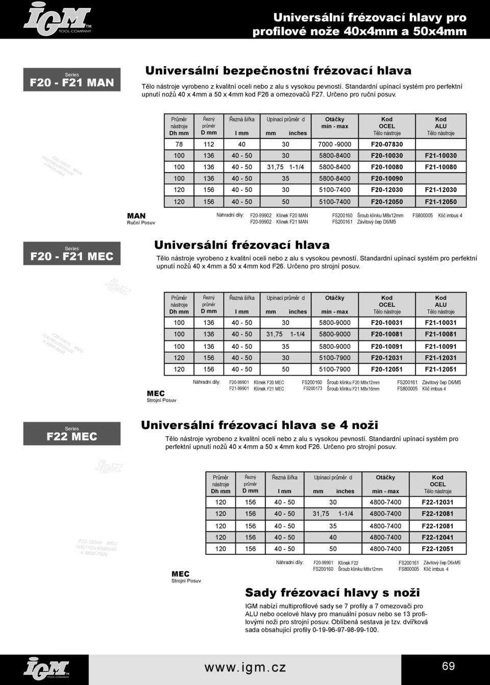 F20-10030 MAN 100(136)x40/50x30 n 5800-9000 Průměr nástroje Dh Řezný průměr D Řezná šířka I Upínací průměr d inches Otáčky min - max OCEL Tělo nástroje 78 112 40 30 7000-9000 F20-07830 ALU Tělo