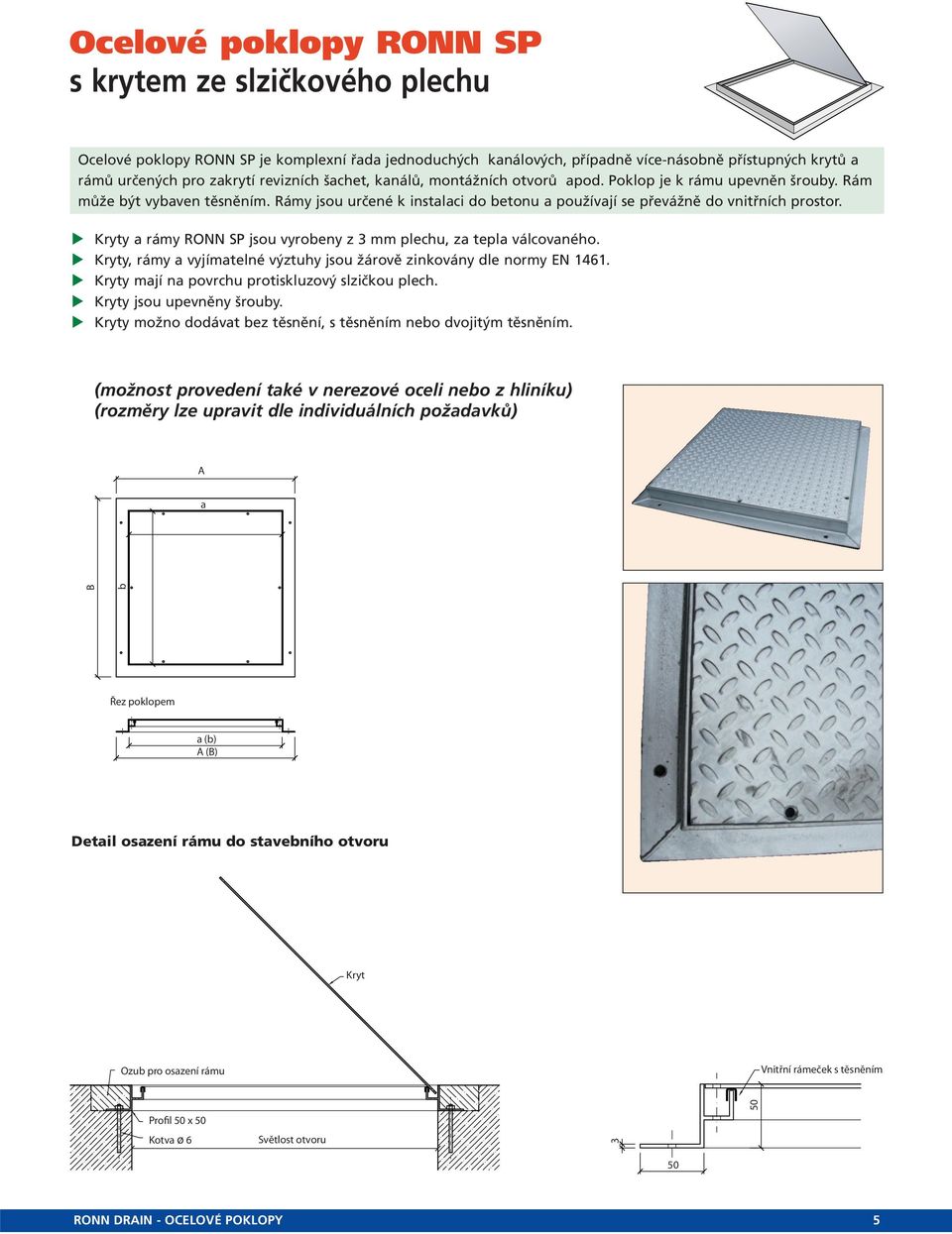Kryty a rámy RONN SP jsou vyrobeny z 3 mm plechu, za tepla válcovaného. Kryty, rámy a vyjímatelné výztuhy jsou žárově zinkovány dle normy EN 1461. Kryty mají na povrchu protiskluzový slzičkou plech.