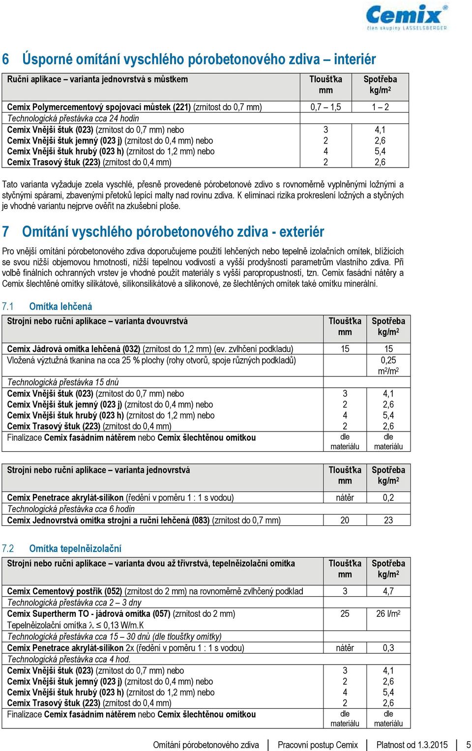 (zrnitost do 0, ),6,6 Tato varianta vyžaduje zcela vyschlé, přesně provedené pórobetonové zdivo s rovnoměrně vyplněnými ložnými a styčnými spárami, zbavenými přetoků lepící malty nad rovinu zdiva.