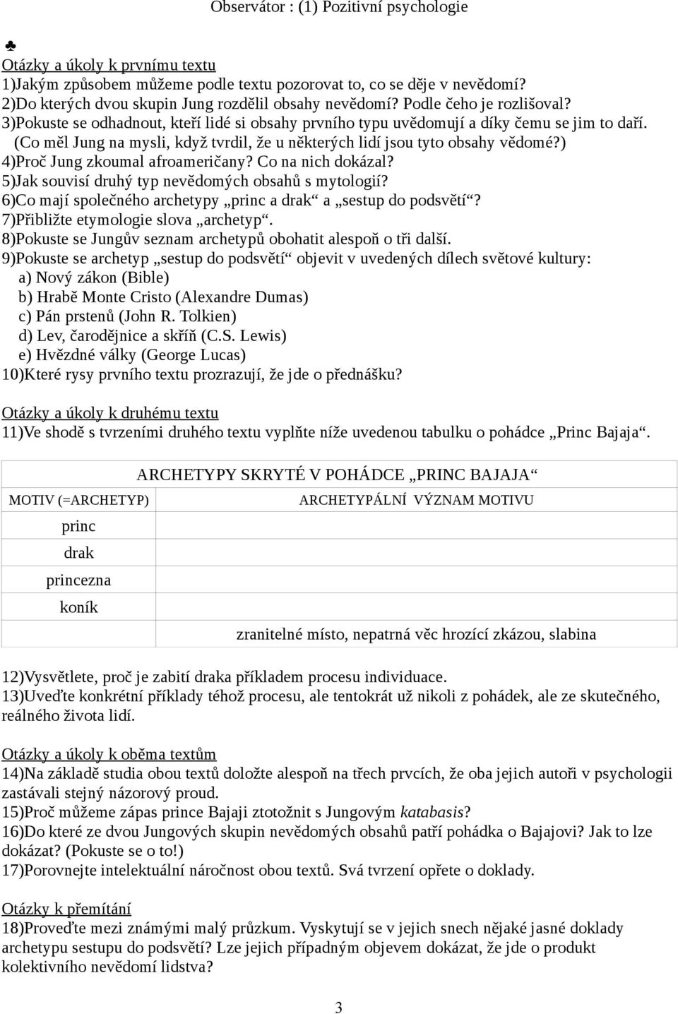 (Co měl Jung na mysli, když tvrdil, že u některých lidí jsou tyto obsahy vědomé?) 4)Proč Jung zkoumal afroameričany? Co na nich dokázal? 5)Jak souvisí druhý typ nevědomých obsahů s mytologií?