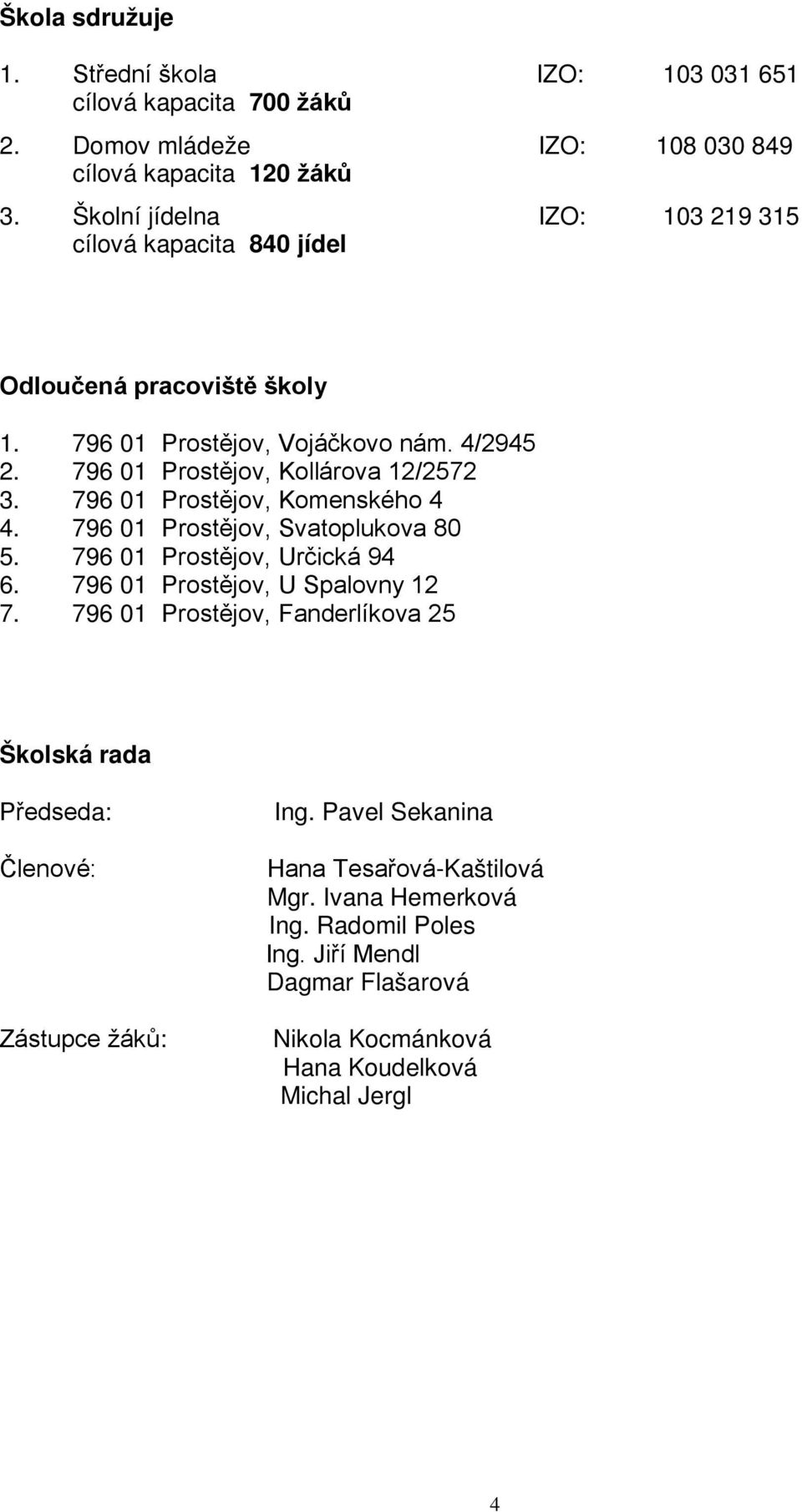 796 01 Prostějov, Komenského 4 4. 796 01 Prostějov, Svatoplukova 80 5. 796 01 Prostějov, Určická 94 6. 796 01 Prostějov, U Spalovny 12 7.