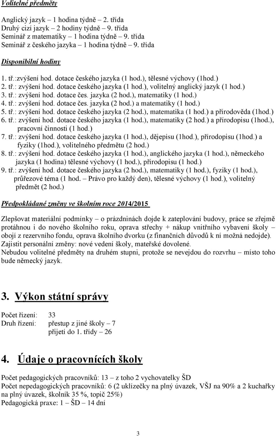 ), matematiky (1 hod.) 4. tř.: zvýšení hod. dotace čes. jazyka (2 hod.) a matematiky (1 hod.) 5. tř.: zvýšení hod. dotace českého jazyka (2 hod.), matematika (1 hod.) a přírodověda (1hod.) 6. tř.: zvýšení hod. dotace českého jazyka (1 hod.