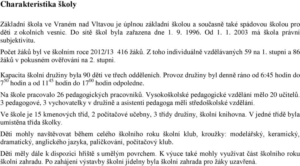 a 86 žáků v pokusném ověřování na 2. stupni. Kapacita školní družiny byla 90 dětí ve třech odděleních.