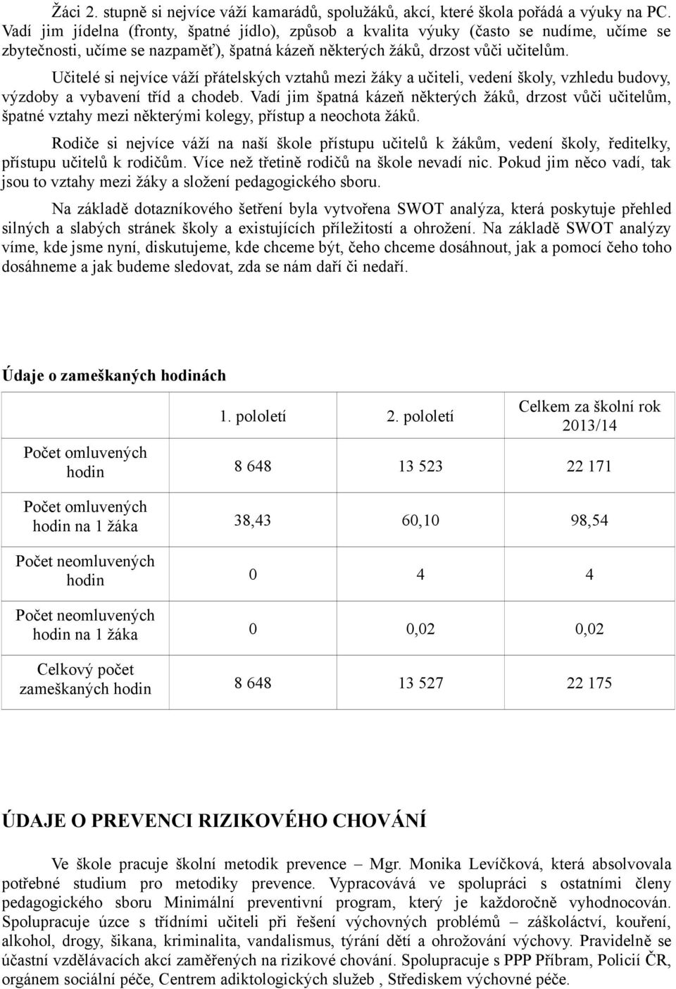 Učitelé si nejvíce váží přátelských vztahů mezi žáky a učiteli, vedení školy, vzhledu budovy, výzdoby a vybavení tříd a chodeb.