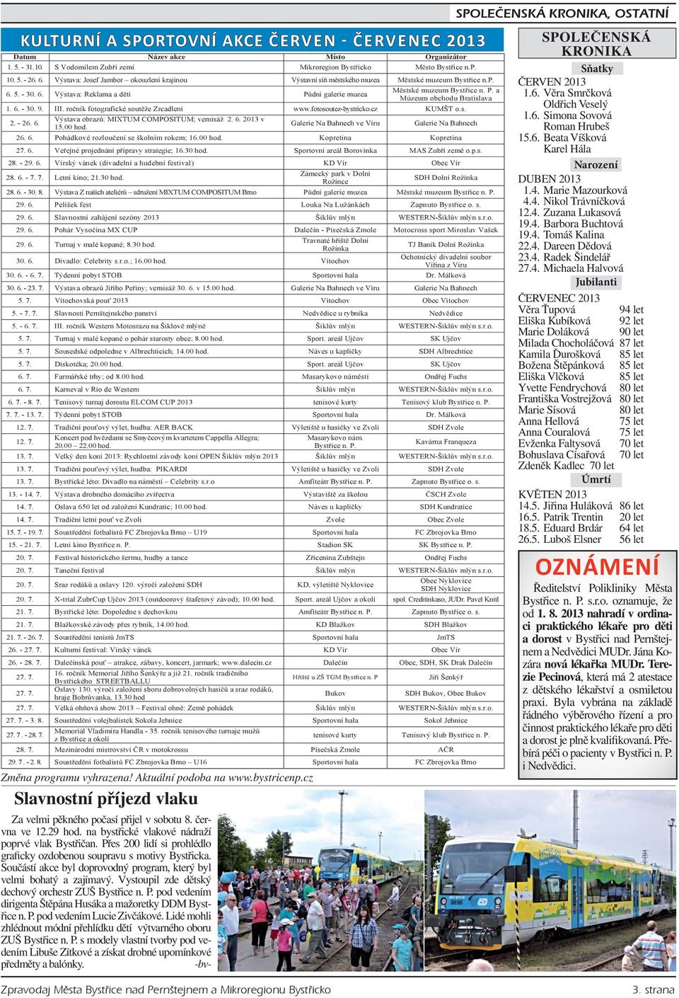 6. - 30. 9. III. ro ník fotografické sout že Zrcadlení www.fotosoutez-bystricko.cz KUMŠT o.s. 2. - 26. 6. Výstava obraz : MIXTUM COMPOSITUM; vernisáž 2. 6. 2013 v 15.00 hod.